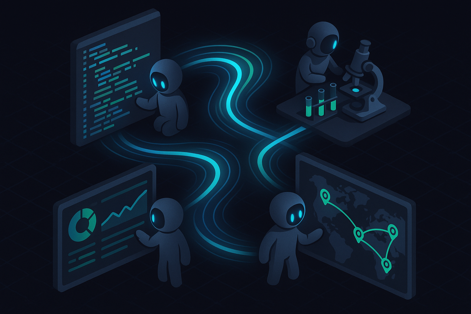 AI agents working across domains: software engineering, scientific research, business analytics, and supply chain management