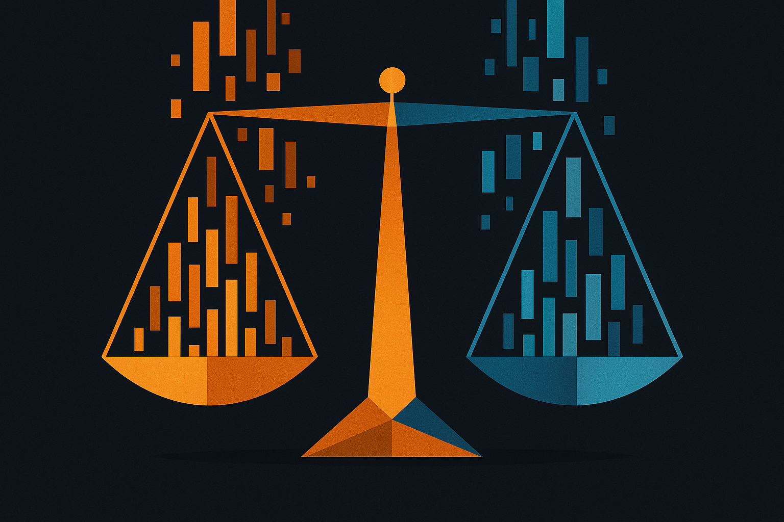 Balanced scales with data flowing through them, visualizing algorithmic fairness and equal treatment across groups