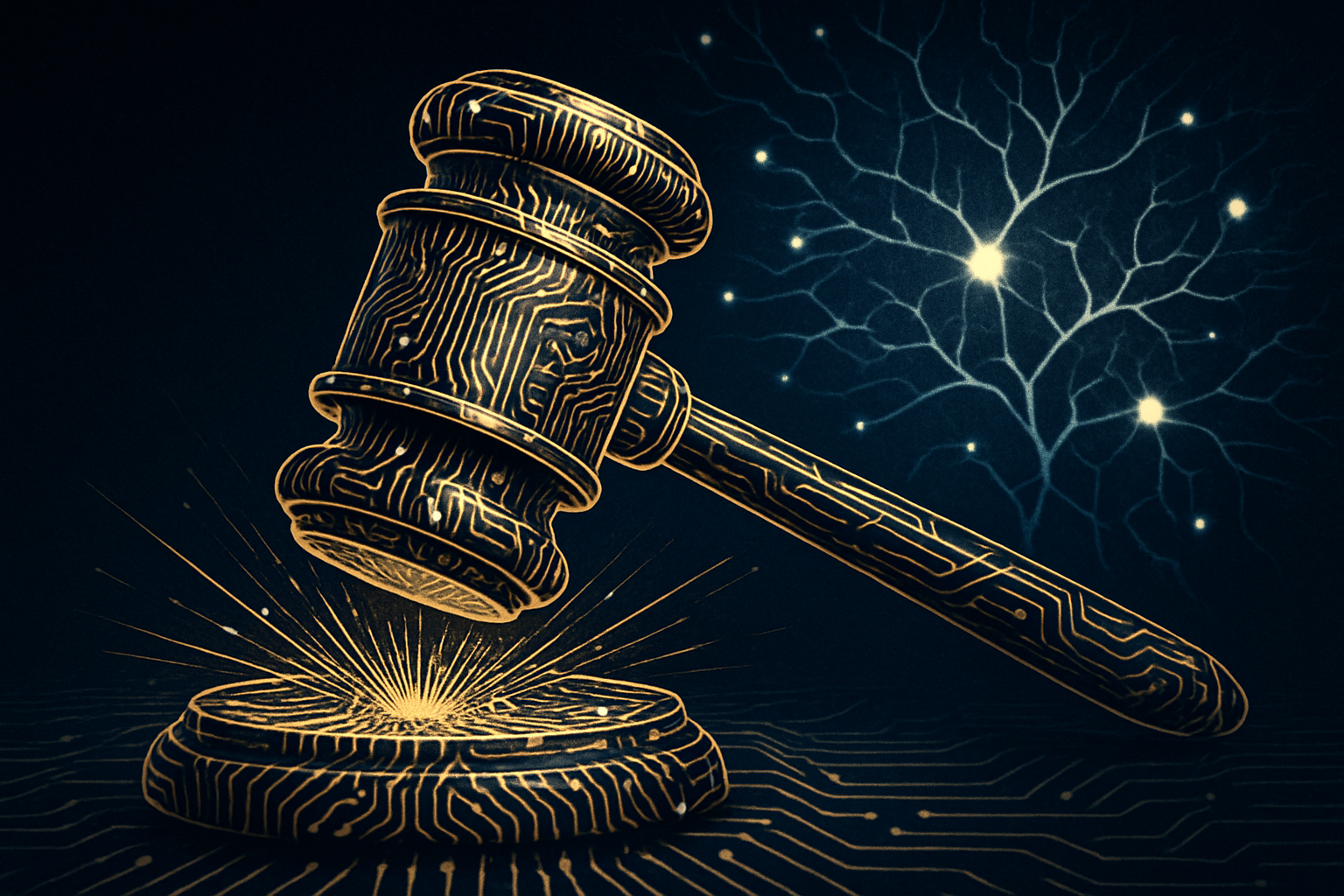 A gavel made of circuit board patterns striking down, symbolizing AI regulation and legislation