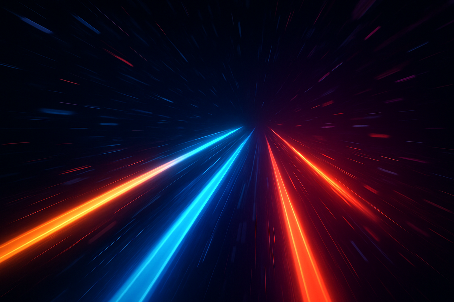 Competing AI frontier models racing forward as parallel light beams accelerating through a digital tunnel