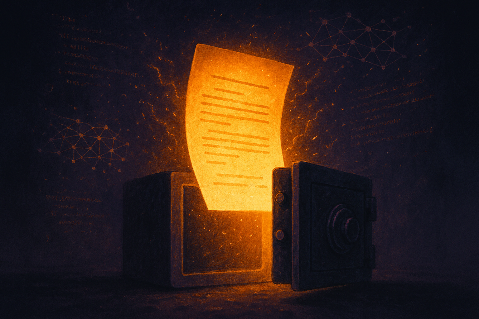 A glowing document emerging from a digital vault, with fragments of code and neural network patterns floating around it