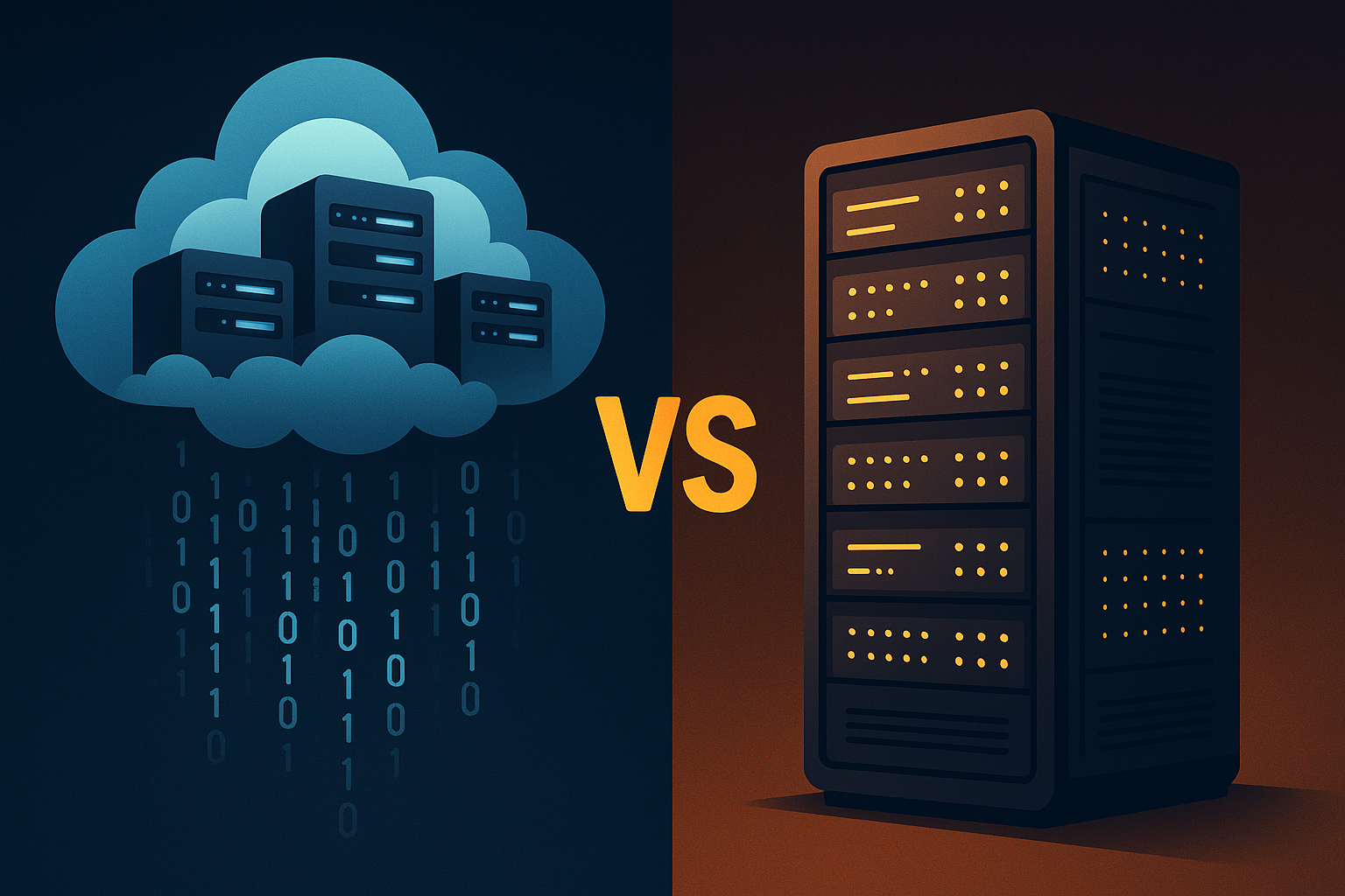 Split-screen comparing cloud computing with floating servers versus on-premises hardware with physical server racks