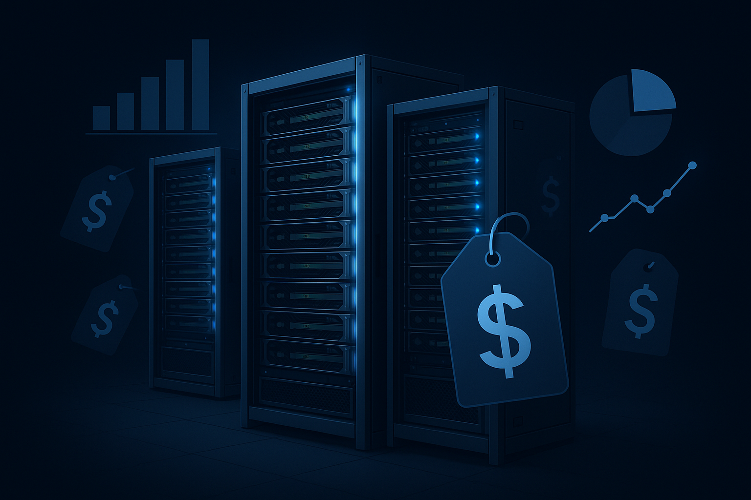 High-end GPU server racks with cost comparison visualizations in a data center environment