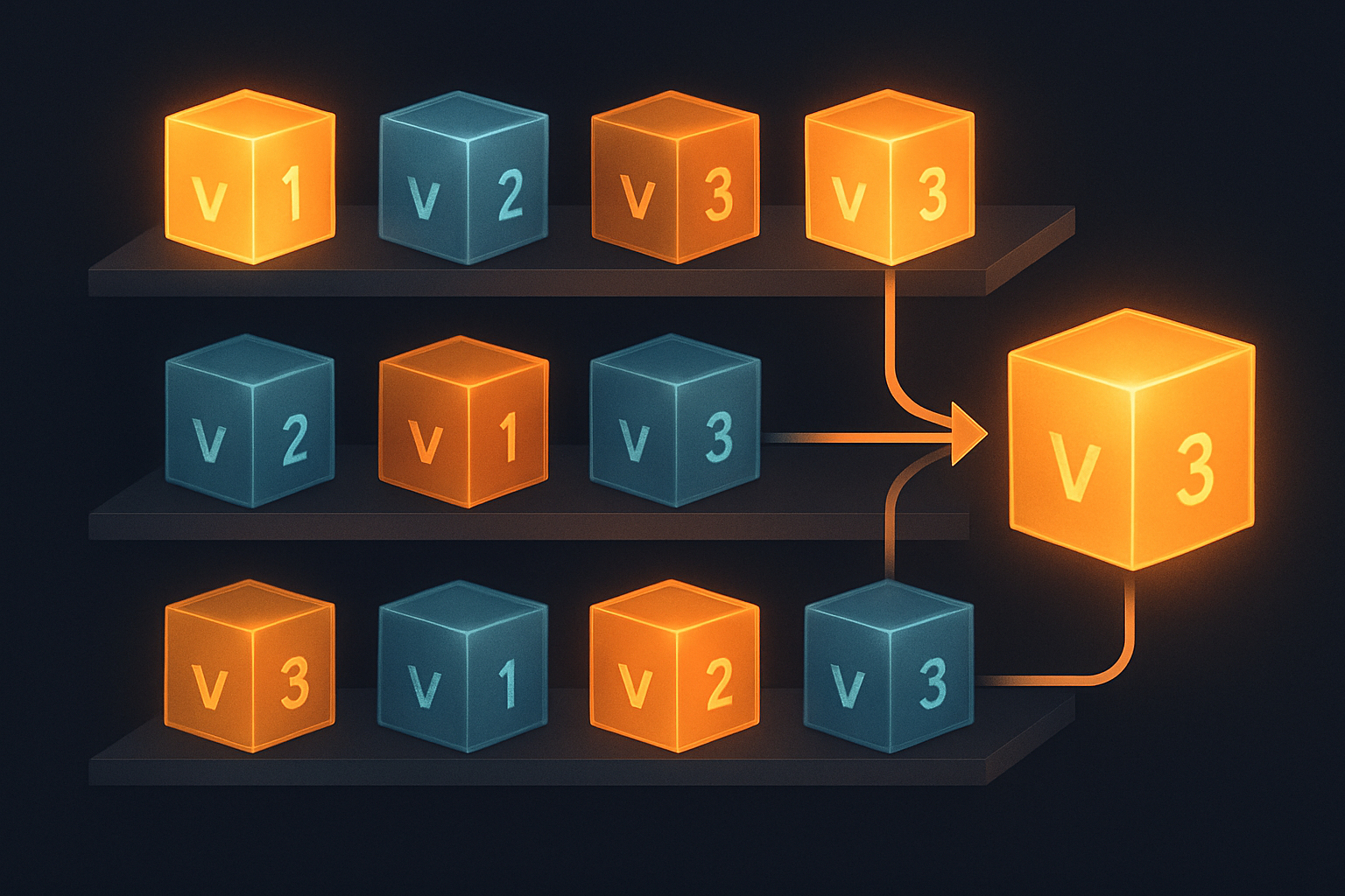 Organized shelves of AI models represented as glowing cubes with version numbers, connected by deployment arrows