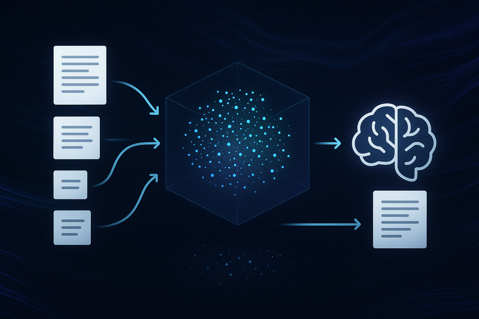 Documents being chunked and embedded into a vector space, then retrieved and fed into an LLM for answer generation