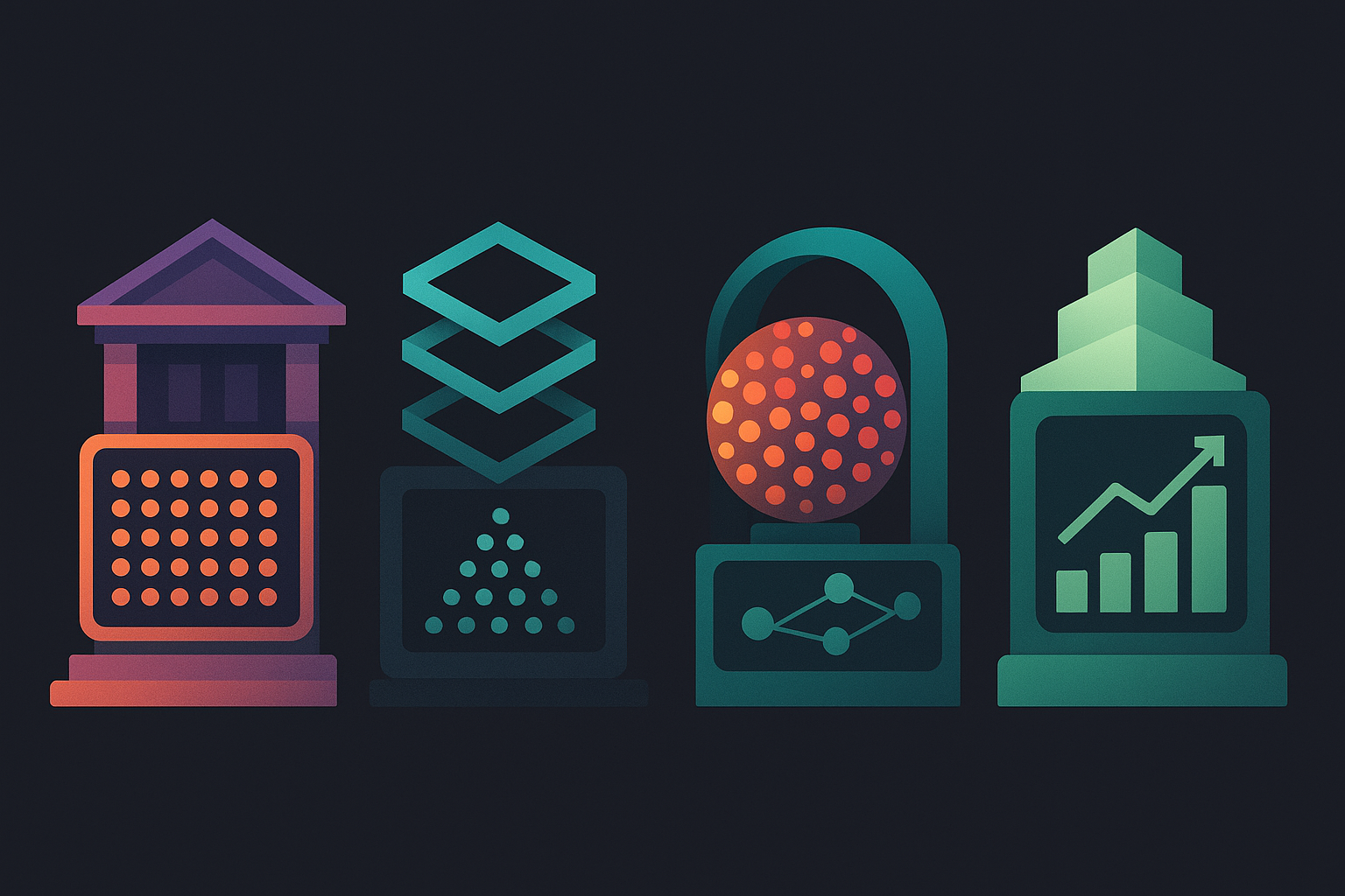 Multiple vector database systems as distinct architectural structures side by side, each with unique visual characteristics