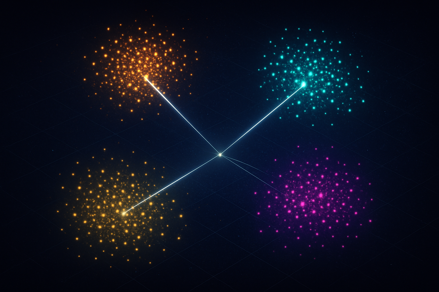 A vast three-dimensional space filled with glowing data points clustered by similarity, with search queries finding nearest neighbors
